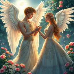 A handsome male angel with radiant wings gazing lovingly at a beautiful princess in an enchanting garden