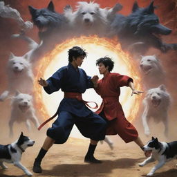 A detailed action scene portraying a battle between Gojo Satoru, with his limitless curse technique, and Megumi Fushiguro, summoning his divine dogs, in a mystical arena.