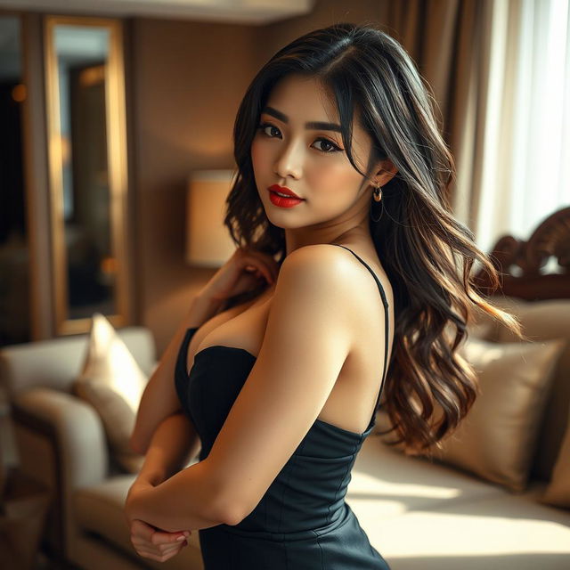 A beautiful, sexy Japanese woman with a voluptuous bust is posed elegantly in a luxurious hotel room