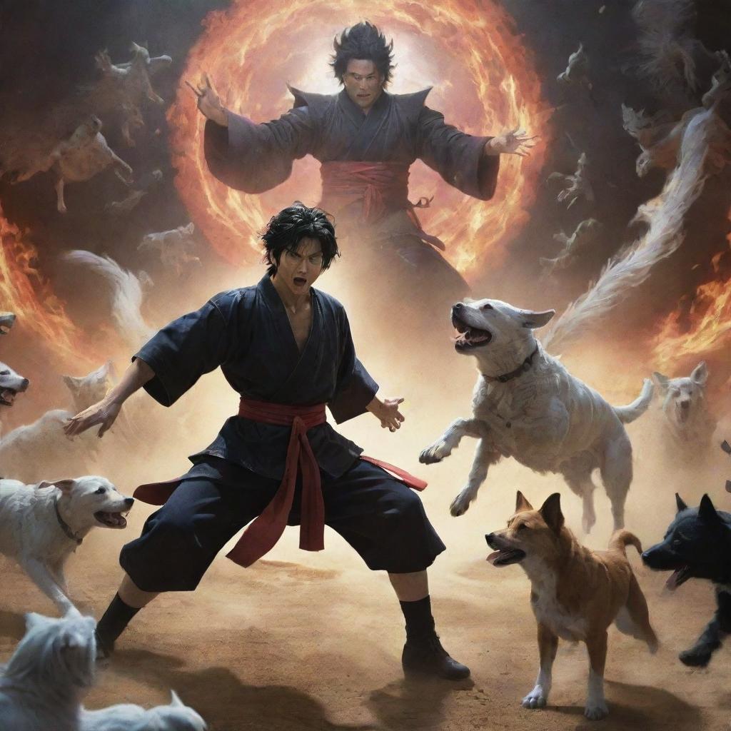 A detailed action scene portraying a battle between Gojo Satoru, with his limitless curse technique, and Megumi Fushiguro, summoning his divine dogs, in a mystical arena.