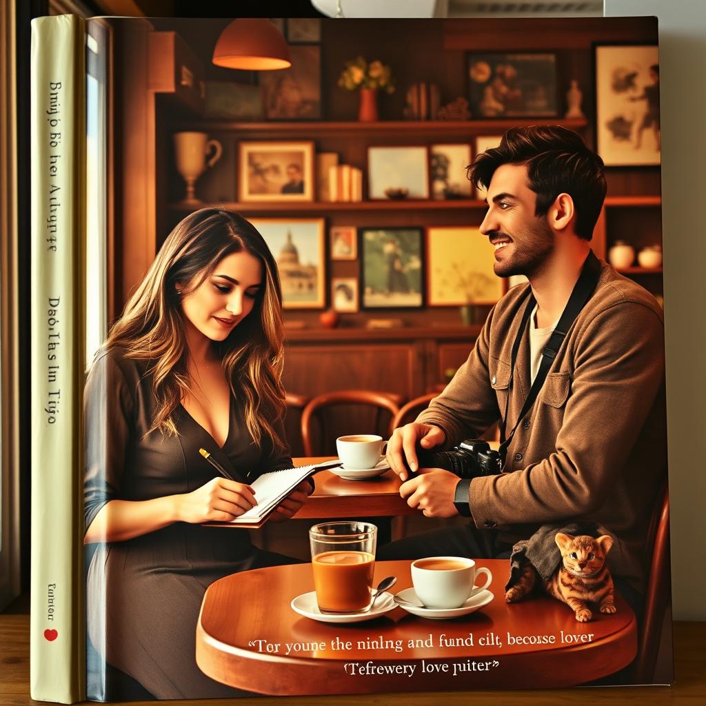 A book cover depicting the story of a woman writer and a male photographer who meet in a cozy, atmospheric café