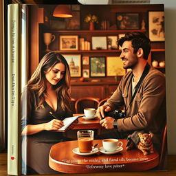 A book cover depicting the story of a woman writer and a male photographer who meet in a cozy, atmospheric café