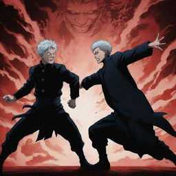 An intense battle scene featuring Gojo Satoru with his limitless curse technique, and Megumi Fushiguro unleashing his shadow technique, in the distinctive Jujutsu Kaisen anime style.