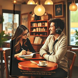 A book cover depicting the story of a woman writer and a male photographer who meet in a cozy, atmospheric café