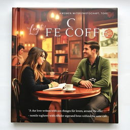 A book cover depicting the story of a woman writer and a male photographer who meet in a cozy, atmospheric café