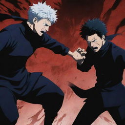 An intense battle scene featuring Gojo Satoru with his limitless curse technique, and Megumi Fushiguro unleashing his shadow technique, in the distinctive Jujutsu Kaisen anime style.