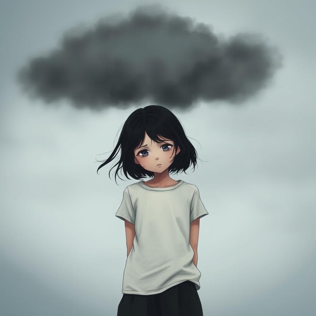 A sad girl standing under a dark grey cloud