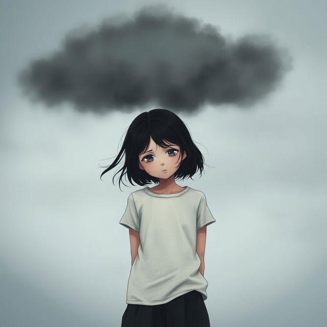 A sad girl standing under a dark grey cloud