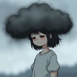 A sad girl standing under a dark grey cloud