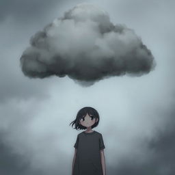 A sad girl standing under a dark grey cloud