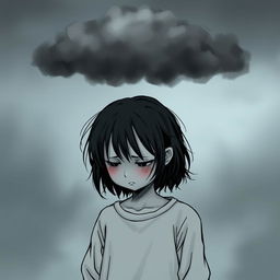 A sad girl standing under a dark grey cloud