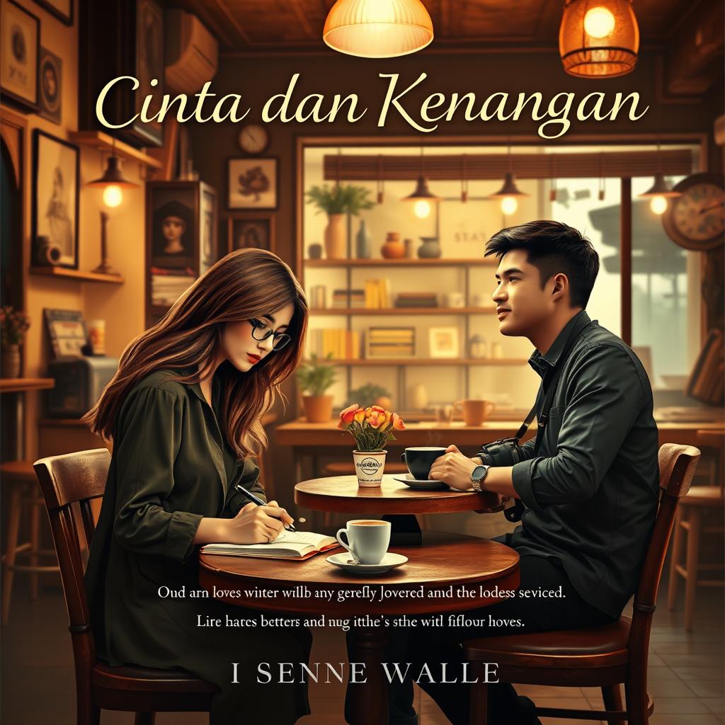 A book cover titled "Cinta dan Kenangan" depicting the story of a woman writer and a male photographer who meet in a cozy, atmospheric café