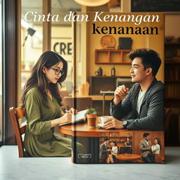 A book cover titled "Cinta dan Kenangan" depicting the story of a woman writer and a male photographer who meet in a cozy, atmospheric café