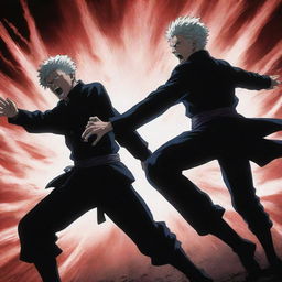 An intense battle scene featuring Gojo Satoru with his limitless curse technique, and Megumi Fushiguro unleashing his shadow technique, in the distinctive Jujutsu Kaisen anime style.