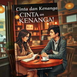 A book cover titled "Cinta dan Kenangan" depicting the story of a woman writer and a male photographer who meet in a cozy, atmospheric café