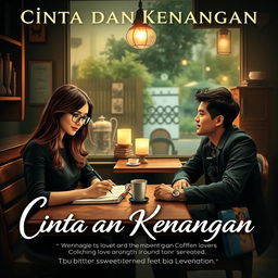 A book cover titled "Cinta dan Kenangan" depicting the story of a woman writer and a male photographer who meet in a cozy, atmospheric café