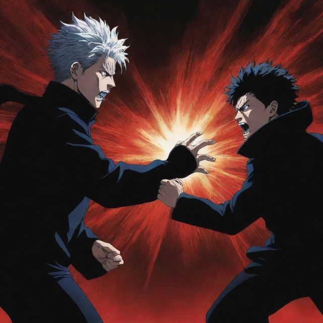 An intense battle scene featuring Gojo Satoru with his limitless curse technique, and Megumi Fushiguro unleashing his shadow technique, in the distinctive Jujutsu Kaisen anime style.