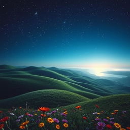 A captivating dreamlike landscape featuring rolling hills under a starry night sky