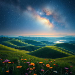 A captivating dreamlike landscape featuring rolling hills under a starry night sky