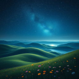 A captivating dreamlike landscape featuring rolling hills under a starry night sky