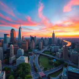 Vibrant cityscape at dusk showcasing a magnificent skyline