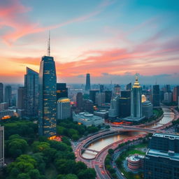 Vibrant cityscape at dusk showcasing a magnificent skyline