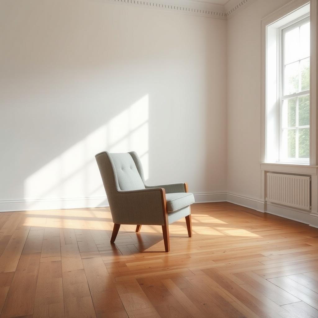 an ordinary chair placed in the middle of an empty room with wooden floors, painted white walls, and a large window letting in natural light, creating a bright and serene ambiance