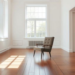 an ordinary chair placed in the middle of an empty room with wooden floors, painted white walls, and a large window letting in natural light, creating a bright and serene ambiance