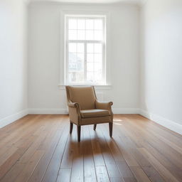 an ordinary chair placed in the middle of an empty room with wooden floors, painted white walls, and a large window letting in natural light, creating a bright and serene ambiance