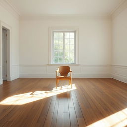 an ordinary chair placed in the middle of an empty room with wooden floors, painted white walls, and a large window letting in natural light, creating a bright and serene ambiance