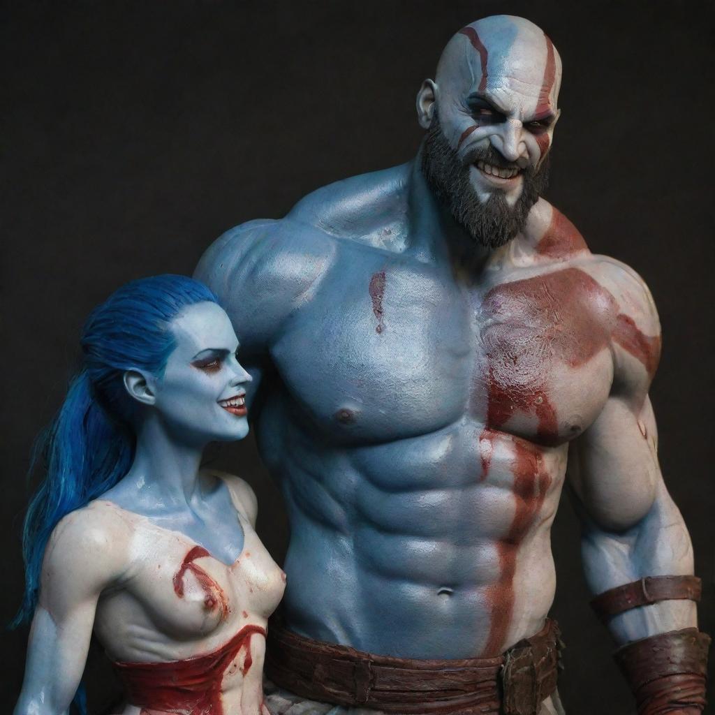 A massive Goliath man, a blend of Kratos and Drax, featuring blue skin and red scars. Blood drips from his body. His smile contrasts with his hold on a female porcelain doll with luxurious hair and one cracked eye.