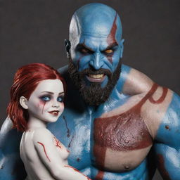 A massive Goliath man, a blend of Kratos and Drax, featuring blue skin and red scars. Blood drips from his body. His smile contrasts with his hold on a female porcelain doll with luxurious hair and one cracked eye.