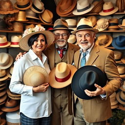 A couple, a man and a woman, both wearing stylish hats, standing next to a charismatic hatmaker between them