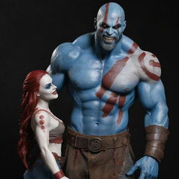 A massive Goliath man, a blend of Kratos and Drax, featuring blue skin and red scars. Blood drips from his body. His smile contrasts with his hold on a female porcelain doll with luxurious hair and one cracked eye.