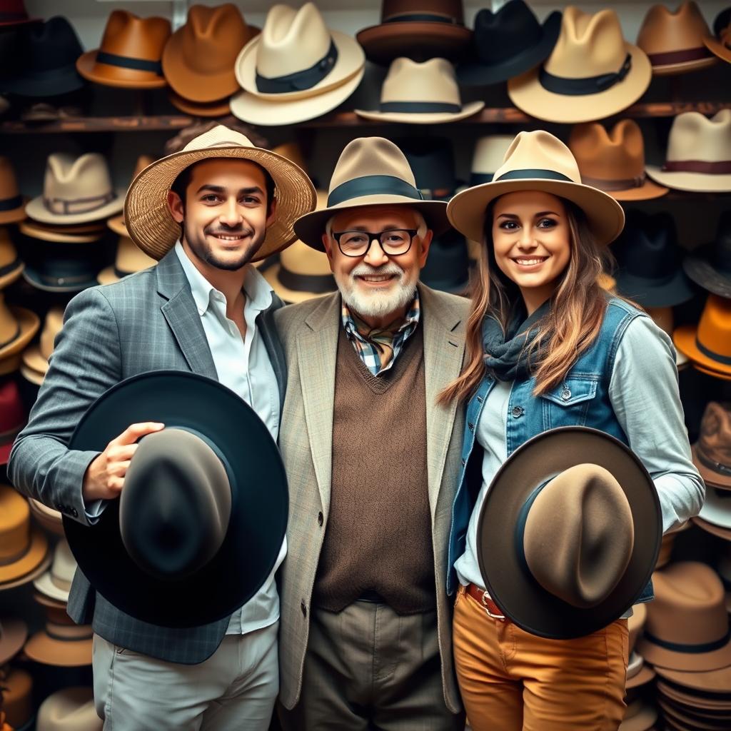 A young couple, a man and a woman, both wearing trendy hats, standing next to a charismatic hatmaker between them