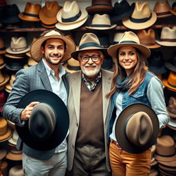 A young couple, a man and a woman, both wearing trendy hats, standing next to a charismatic hatmaker between them