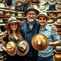 A young couple, a man and a woman, both wearing trendy hats, standing next to a charismatic hatmaker between them