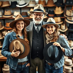 A young couple, a man and a woman, both wearing trendy hats, standing next to a charismatic hatmaker between them