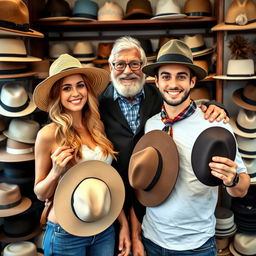 A young couple, a man and a woman, both wearing trendy hats, standing next to a charismatic hatmaker between them