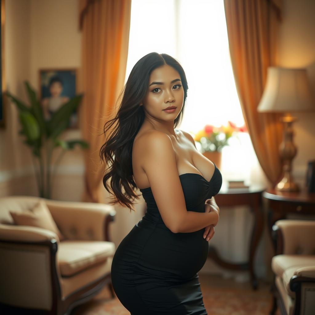 A strikingly beautiful Asian woman with a voluptuous figure, posed elegantly in a tastefully decorated room