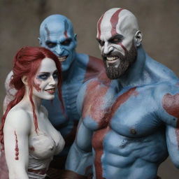 A massive Goliath man, a blend of Kratos and Drax, featuring blue skin and red scars. Blood drips from his body. His smile contrasts with his hold on a female porcelain doll with luxurious hair and one cracked eye.