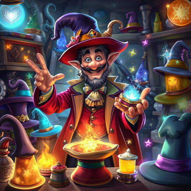 A whimsical scene depicting the magical hatmaker from Oskan, surrounded by an array of enchanted hats and mystical objects