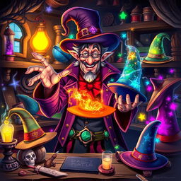 A whimsical scene depicting the magical hatmaker from Oskan, surrounded by an array of enchanted hats and mystical objects