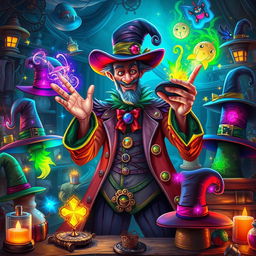 A whimsical scene depicting the magical hatmaker from Oskan, surrounded by an array of enchanted hats and mystical objects