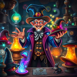 A whimsical scene depicting the magical hatmaker from Oskan, surrounded by an array of enchanted hats and mystical objects