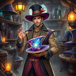 A portrayal of the handsome magical hatmaker from Oskan, exuding charisma and charm