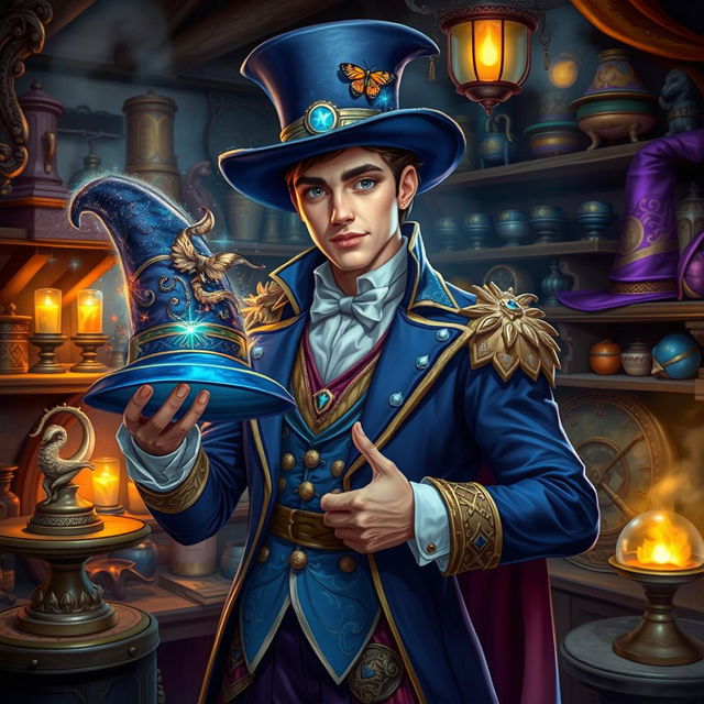 A portrayal of the handsome magical hatmaker from Oskan, exuding charisma and charm