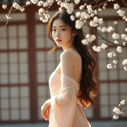 A tasteful artistic representation of a Korean woman in a serene, natural setting, highlighting her cultural grace and elegance