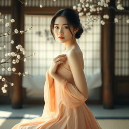 A tasteful artistic representation of a Korean woman in a serene, natural setting, highlighting her cultural grace and elegance