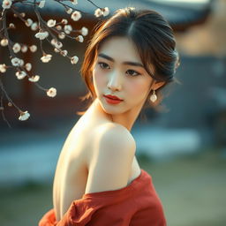 A tasteful artistic representation of a Korean woman in a serene, natural setting, highlighting her cultural grace and elegance